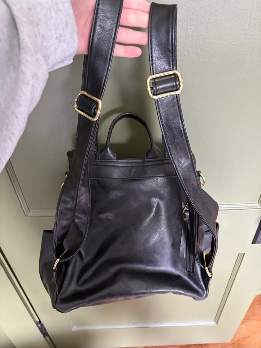 Black Leather Crossbody Tote with Colorful Striped Strap